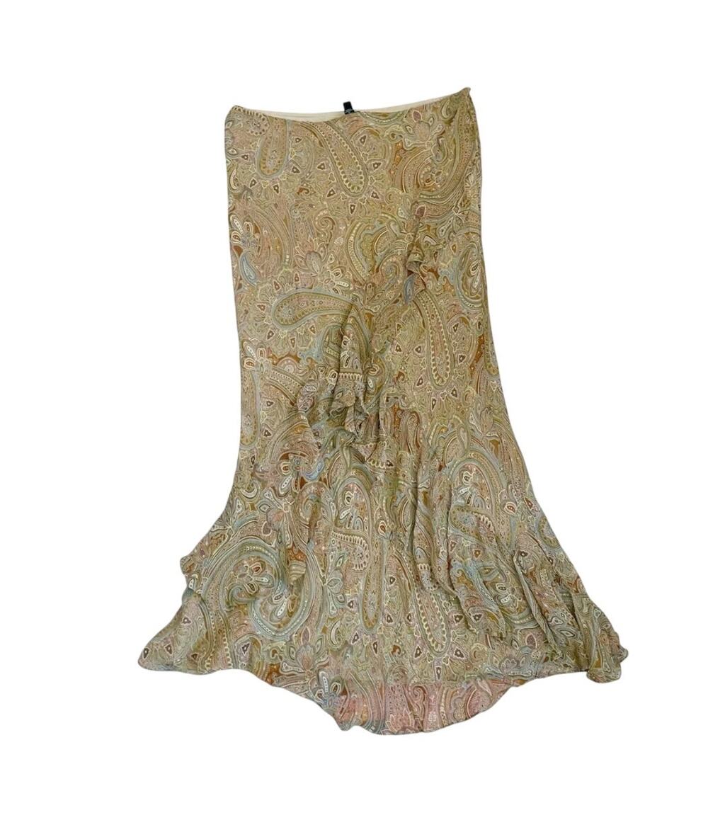 Lauren Ralph Lauren Silk Paisley Ruffle Midi Skirt Size M Sage Fairycore Vintage